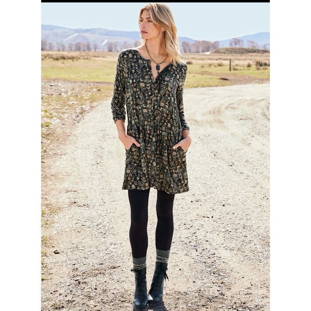 Peruvian connection Alpine flower tunic/dress black half sleeve large #711